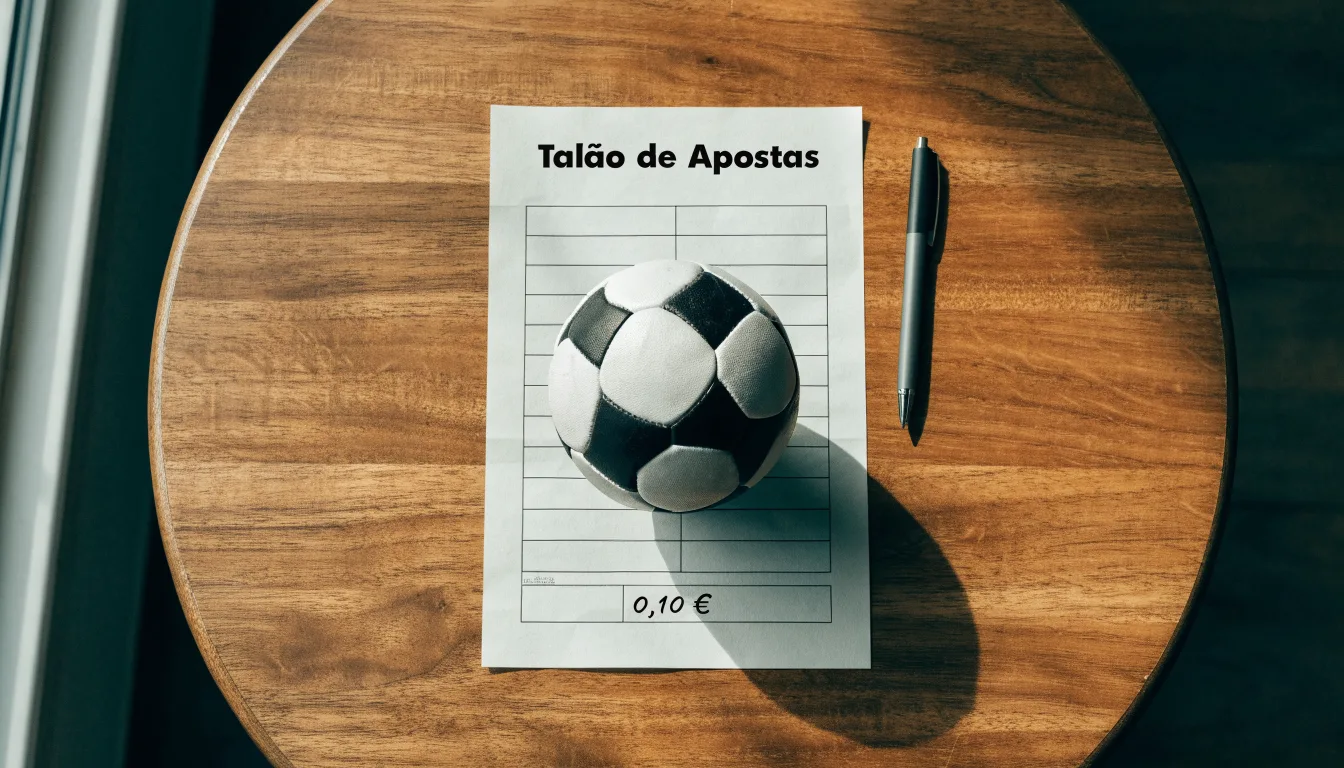 Uma bola de futebol pousada sobre um talão de apostas em branco numa mesa de madeira, à luz do dia