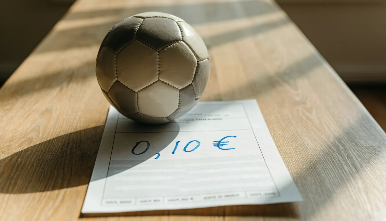 Uma bola de futebol pousada sobre um talão de apostas em branco numa mesa de madeira, à luz do dia