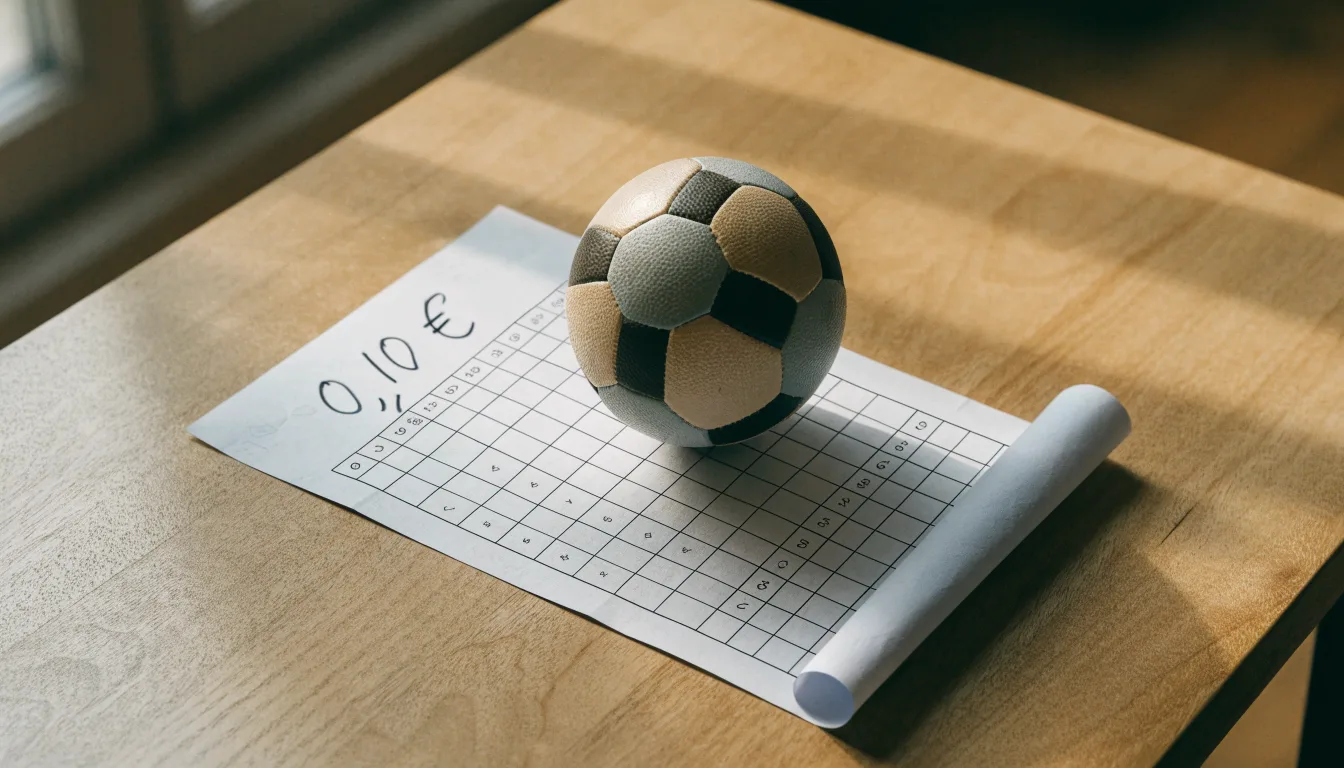 Uma bola de futebol pousada sobre um talão de apostas em branco numa mesa de madeira, à luz do dia