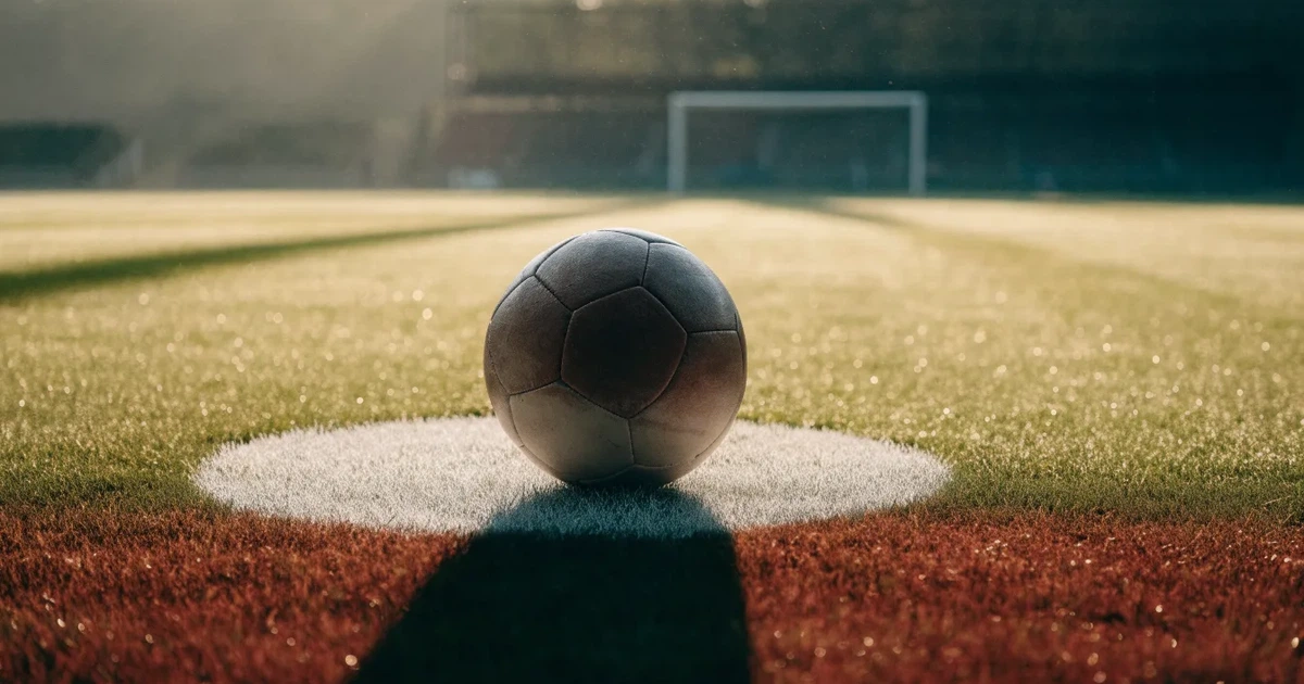 Uma bola de futebol no ponto central de um relvado, à luz da manhã