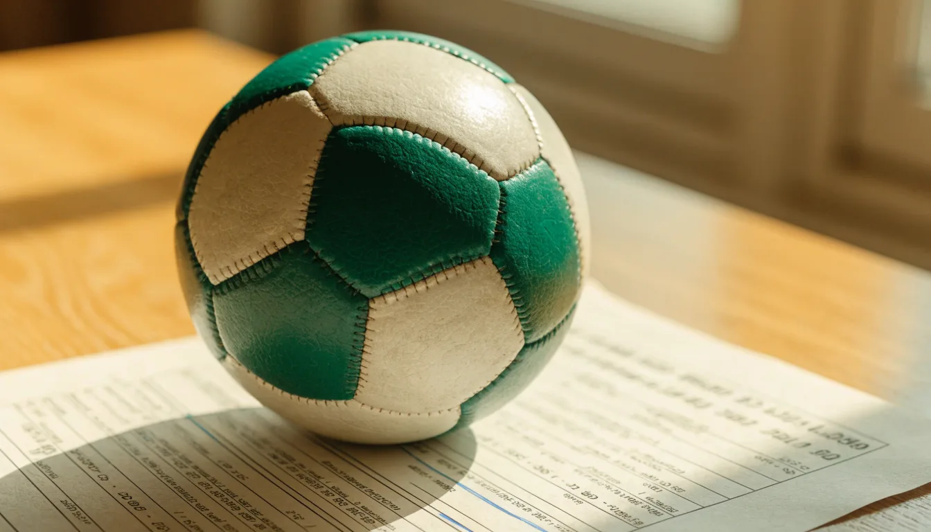 Uma bola de futebol pousada sobre um talão de apostas em branco numa mesa de madeira, à luz do dia