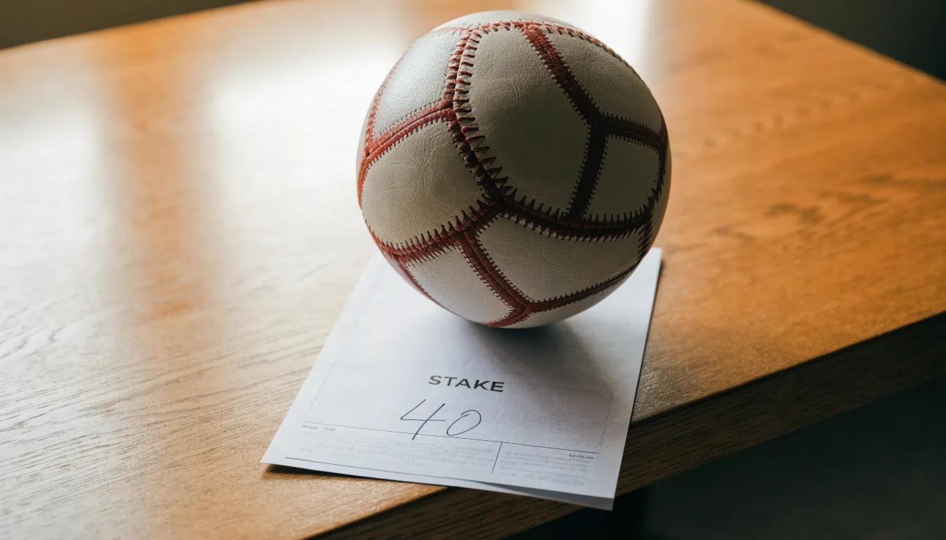 Uma bola de futebol pousada sobre um talão de apostas em branco numa mesa de madeira, à luz do dia