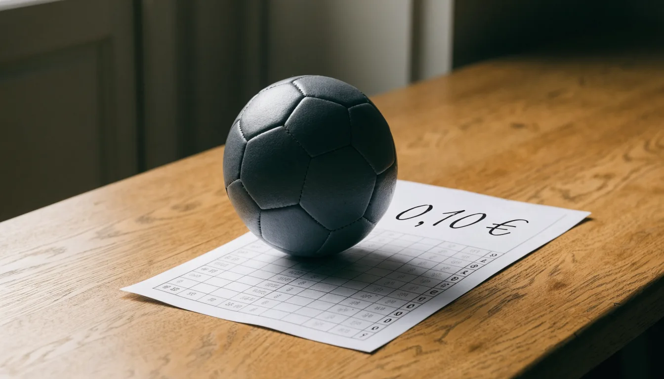 Uma bola de futebol pousada sobre um talão de apostas em branco numa mesa de madeira, à luz do dia