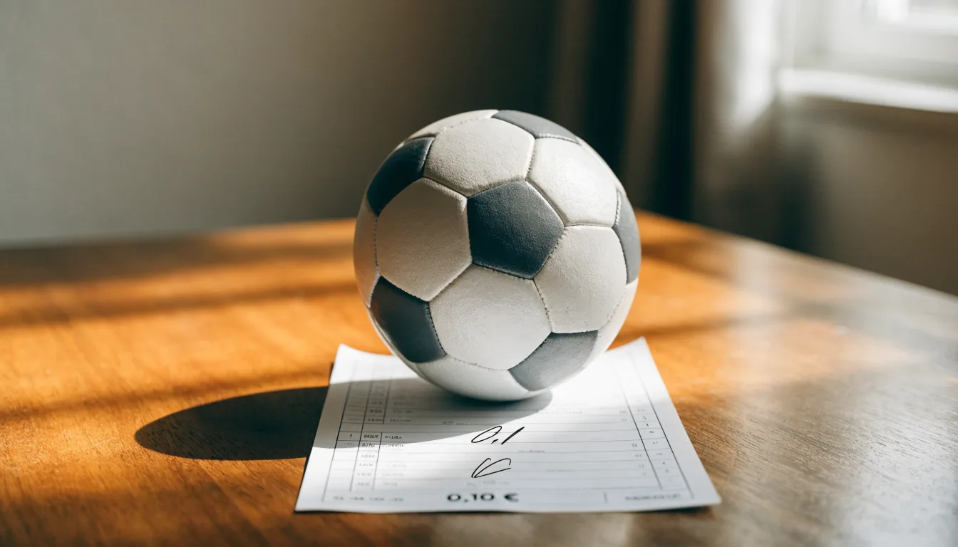 Uma bola de futebol pousada sobre um talão de apostas em branco numa mesa de madeira, à luz do dia