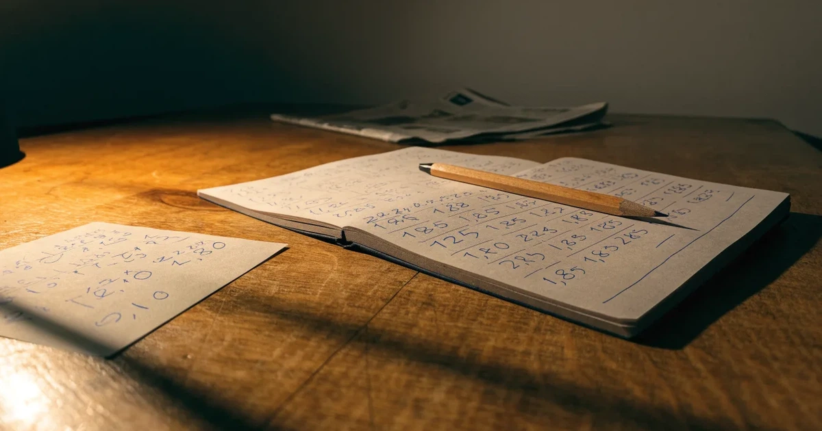 Um caderno aberto com cotas escritas à mão, uma calculadora e um lápis sobre uma mesa de madeira