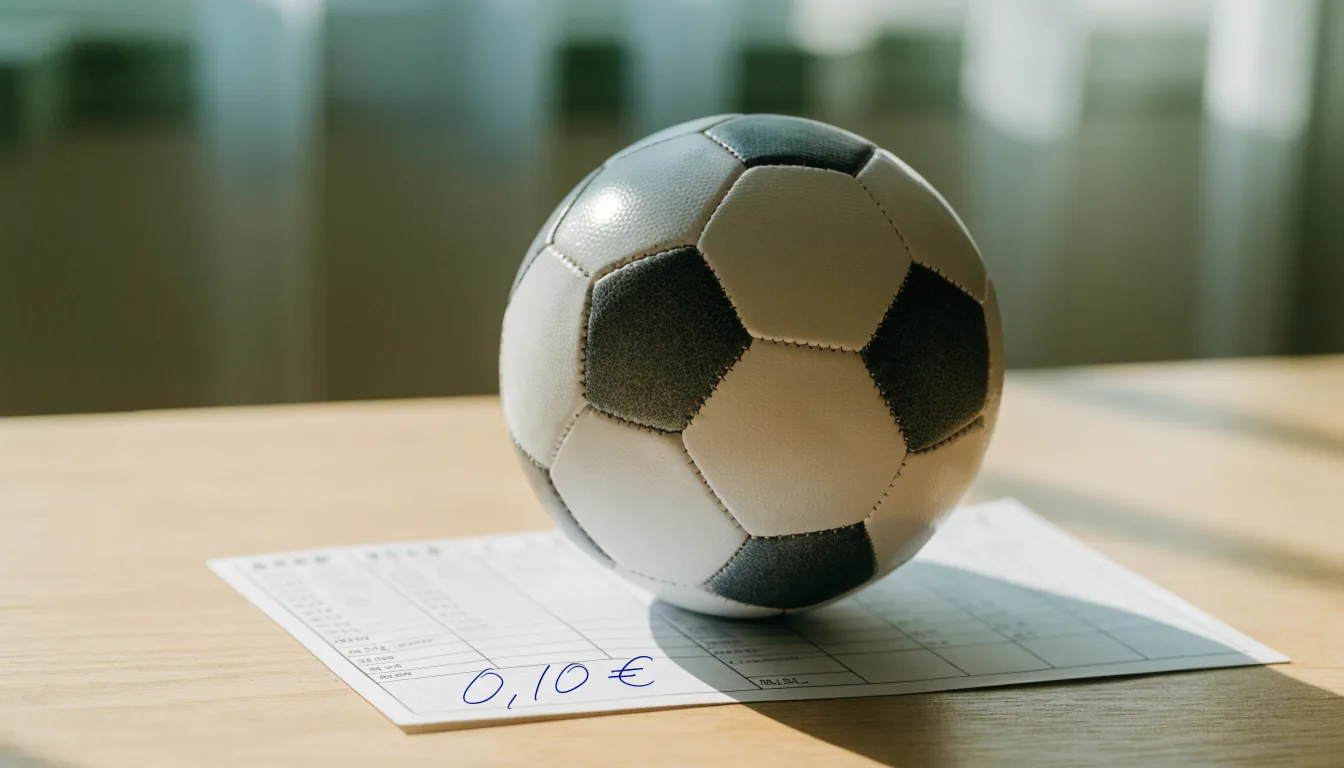 Uma bola de futebol pousada sobre um talão de apostas em branco numa mesa de madeira, à luz do dia