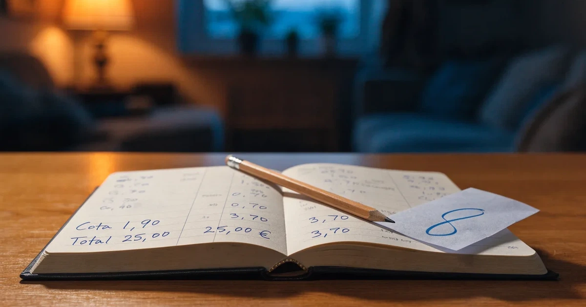 Um caderno aberto com cotas escritas à mão, uma calculadora e um lápis sobre uma mesa de madeira