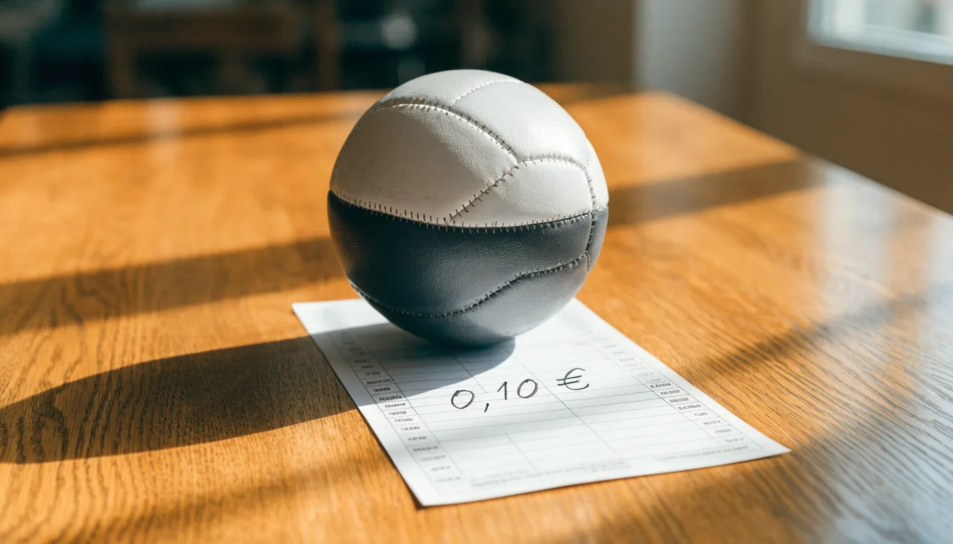 Uma bola de futebol pousada sobre um talão de apostas em branco numa mesa de madeira, à luz do dia