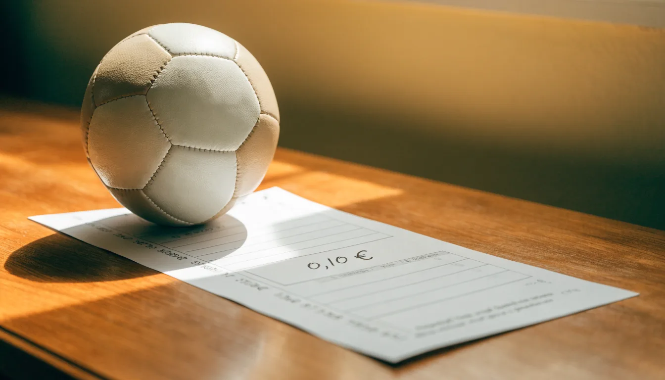 Uma bola de futebol pousada sobre um talão de apostas em branco numa mesa de madeira, à luz do dia