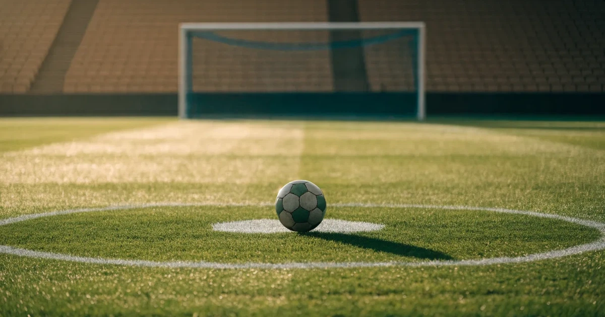 Uma bola de futebol no ponto central de um relvado, à luz da manhã