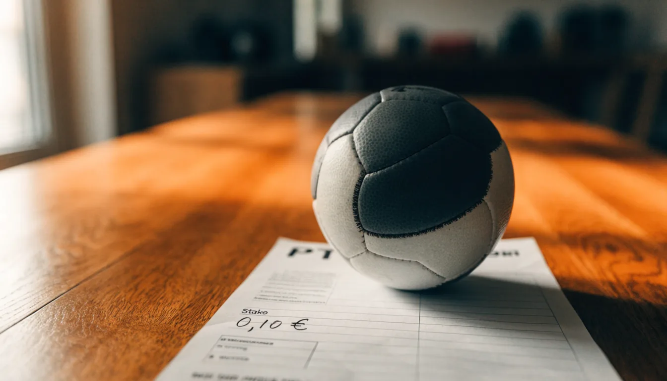 Uma bola de futebol pousada sobre um talão de apostas em branco numa mesa de madeira, à luz do dia