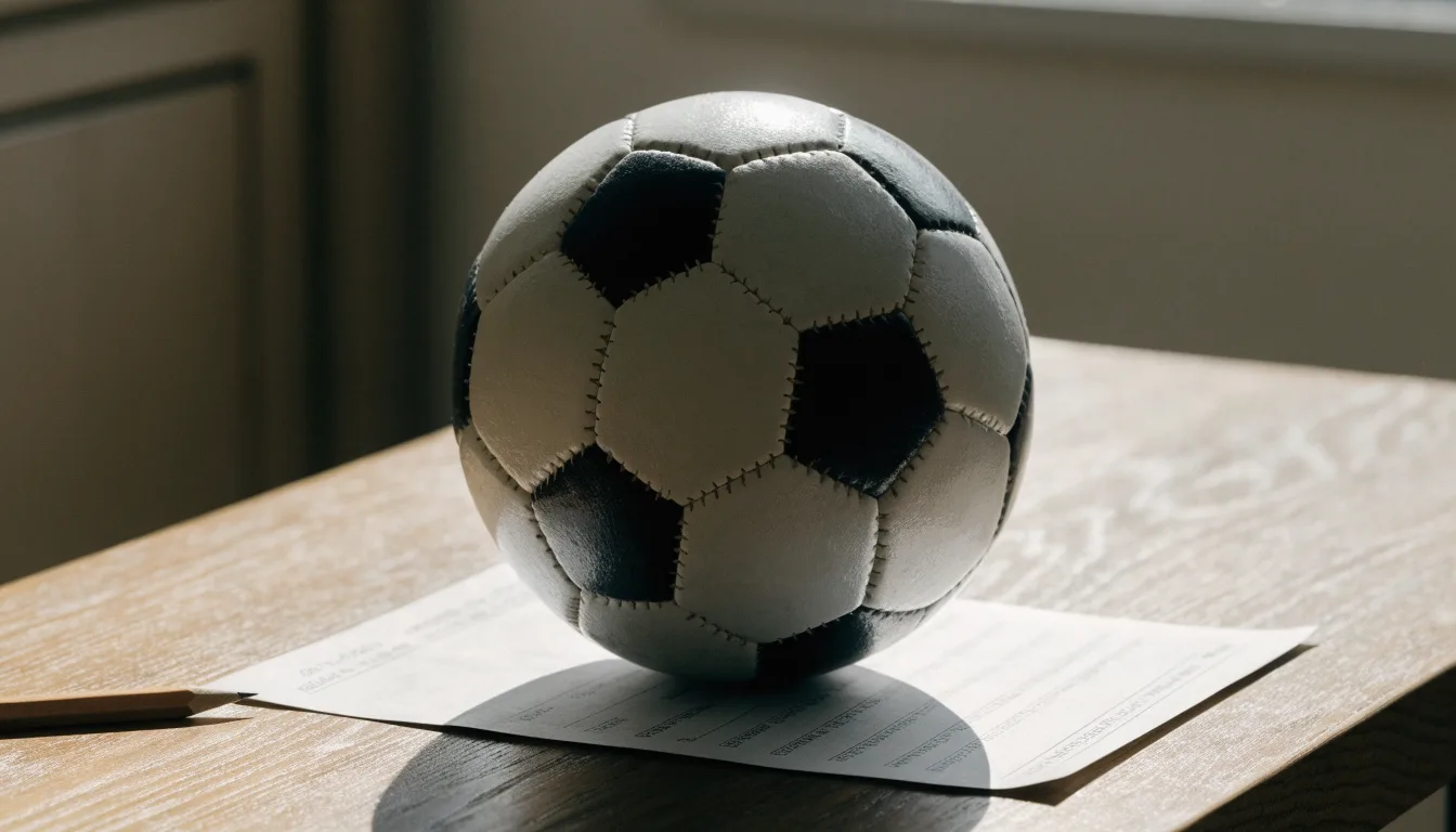 Uma bola de futebol pousada sobre um talão de apostas em branco numa mesa de madeira, à luz do dia