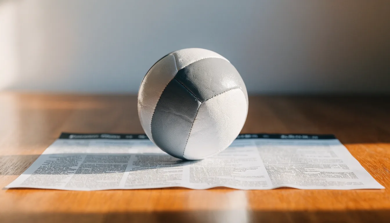 Uma bola de futebol pousada sobre um talão de apostas em branco numa mesa de madeira, à luz do dia