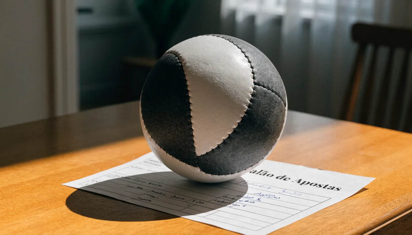Uma bola de futebol pousada sobre um talão de apostas em branco numa mesa de madeira, à luz do dia