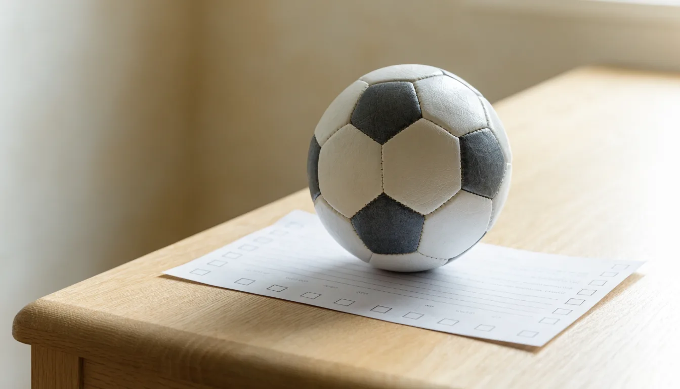 Uma bola de futebol pousada sobre um talão de apostas em branco numa mesa de madeira, à luz do dia